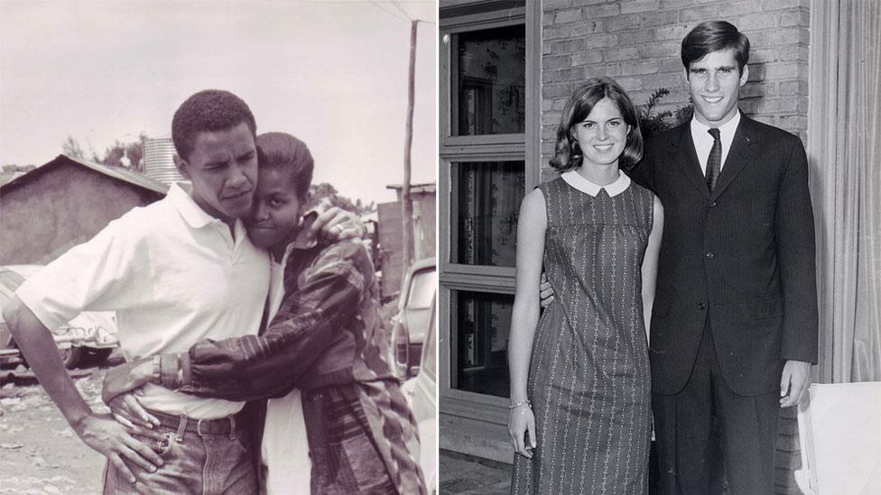 Michelle Robinson and Barack Obama in their early days together (l); Ann Davies and Mitt Romney while dating (r)