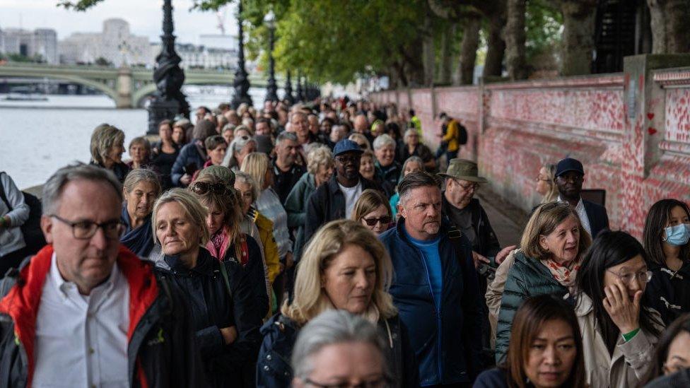 Large crowd of people queueing along the River Thames, with the Covid memorial in the background