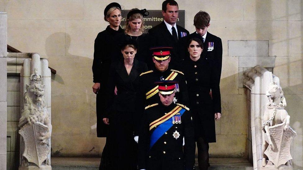 The Queen's Grandchildren line up on stone stairs in Westminster Abbey