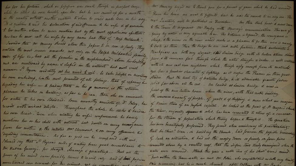 A hand-written letter from 1823 describing reading part of Lord Byron's memoirs