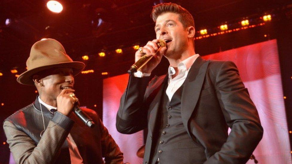 Pharrell Williams and Robin Thicke perform at the Grammy Awards - 25 January 2015
