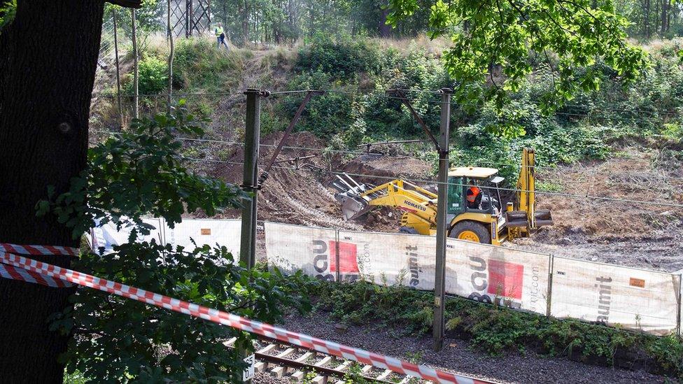 Bulldozer digging at site of rumoured Nazi train in Poland, 16 Aug 16