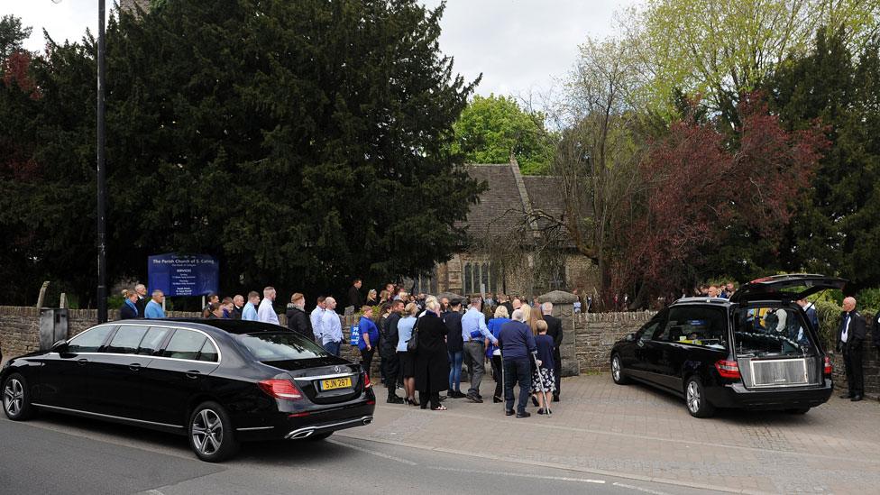 Mourners outside St Catwg's Church at Carson Price's funeral