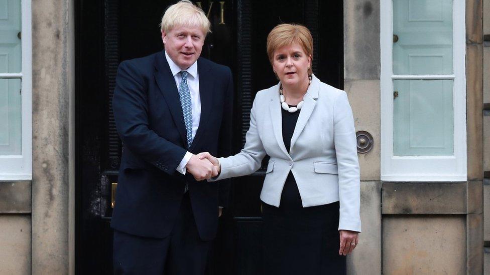 Nicola Sturgeon welcomes Boris Johnson to Bute House, Edinburgh, in July 2019