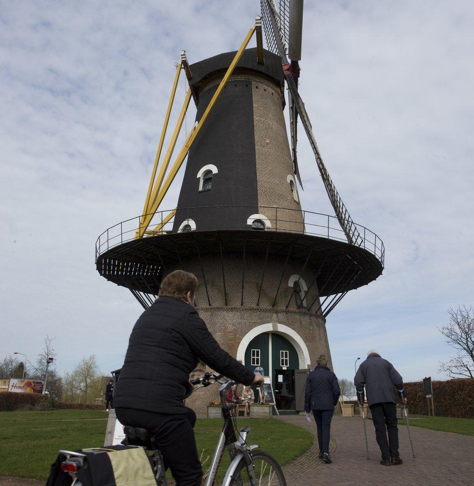 Voters make their way to the Kerkhovense Molen, a windmill turned polling station in Oisterwijk, south central Netherlands, 15 March