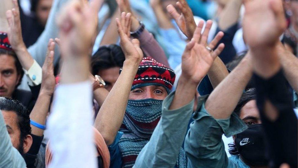 Supporters of Pashtun Tahaffuz Movement (PTM) shout slogans during a protest against the arrest of one of their leader Alamzeb Mehsud in Karachi, Pakistan, 23 January 2019.