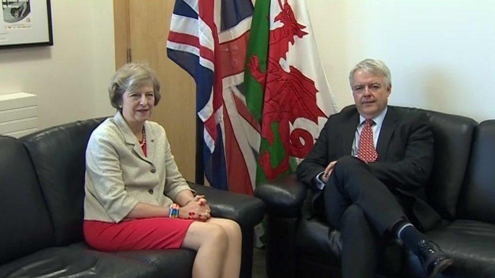 Theresa May and Carwyn Jones in his office at the Assembly