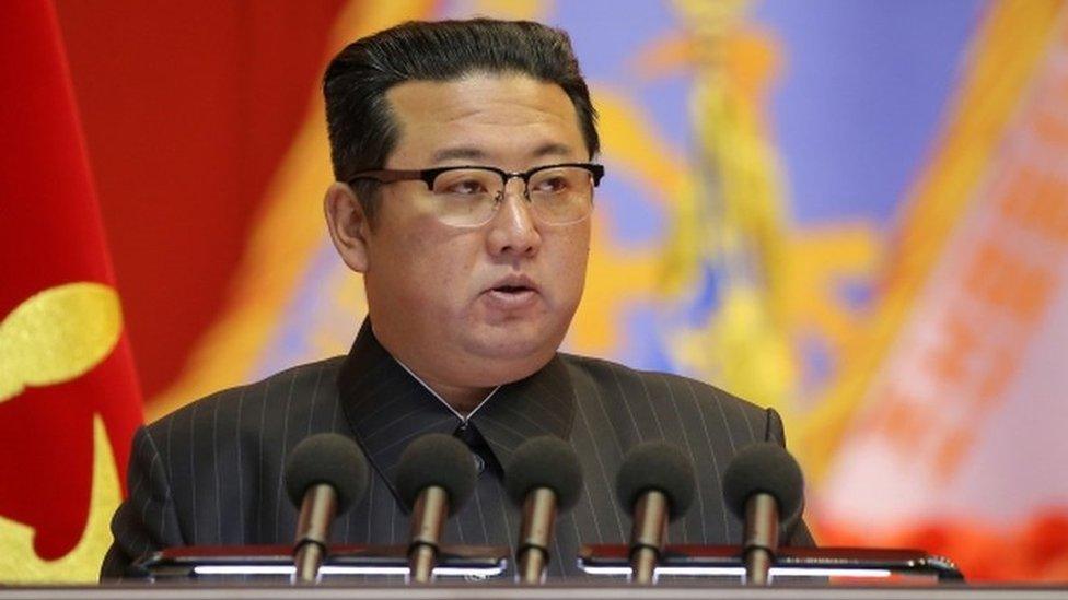 North Korean leader Kim Jong Un speaks during the Eighth Conference of Military Educationists of the Korean People"s Army at the April 25 House of Culture in Pyongyang, North Korea in this undated photo released on December 7, 2021.