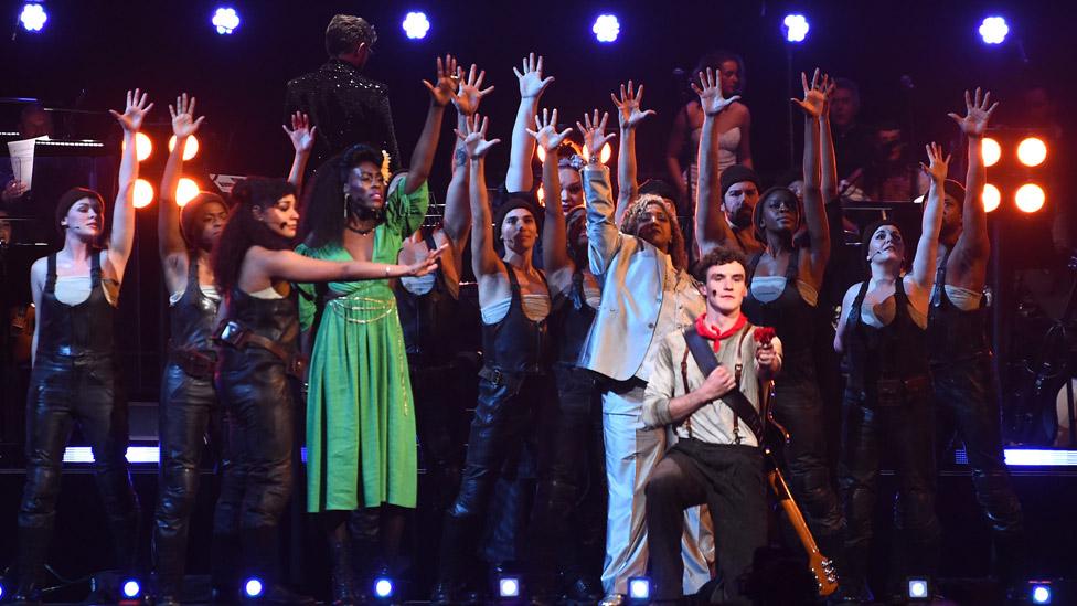 Dónal Finn and Melanie La Barrie of Hadestown perform on stage with other cast members during The National Lottery's Big Night of Musicals