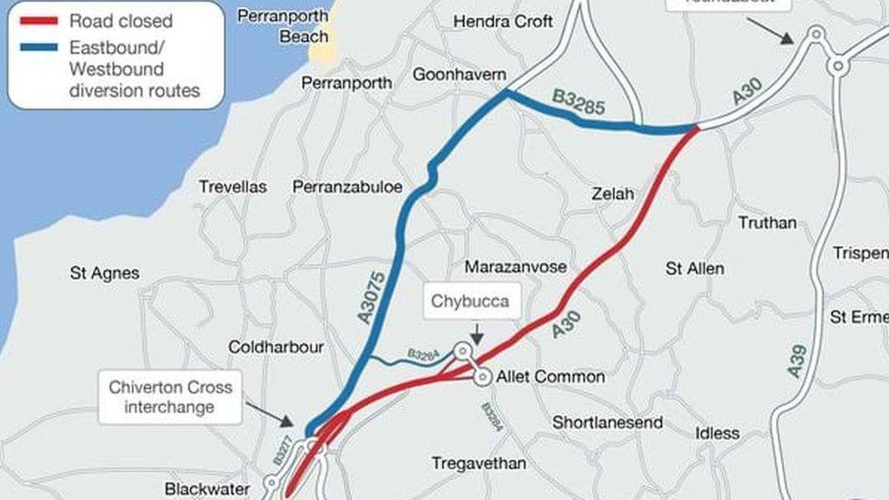 A map showing the road closure and alternative routes