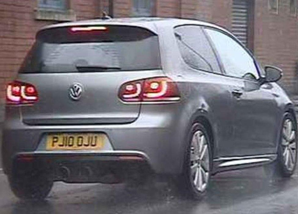 Three-door silver/grey VW Golf, registration number PJ10 OJU,