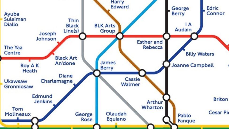 Tube map with names of notable black people from history