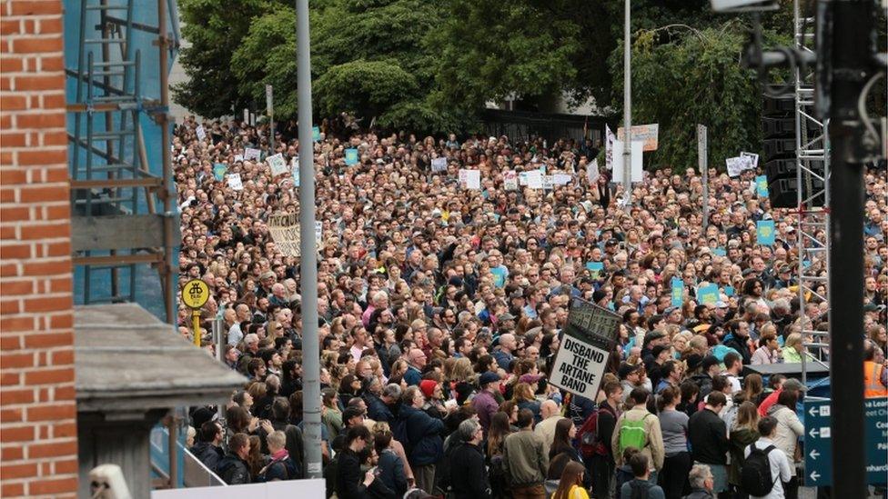 The Stand4Truth protest at the Garden of Remembrance to coincide with the Papal Mass at Phoenix Park, before walking to the site of a nearby former Magdalene laundry