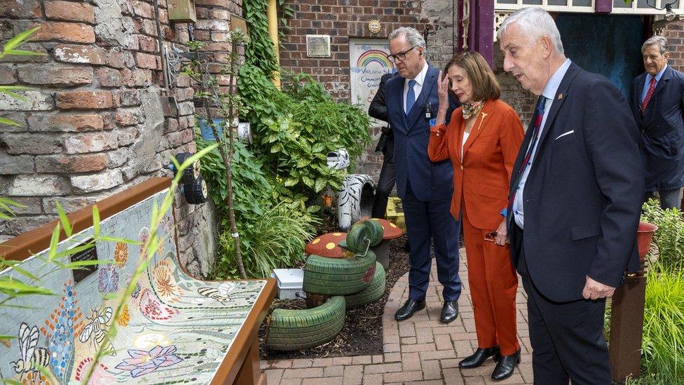 Nancy Pelosi, the Speaker of the United States House of Representatives and and Sir Lindsay Hoyle, Speaker of the House of Commons see the memorial bench