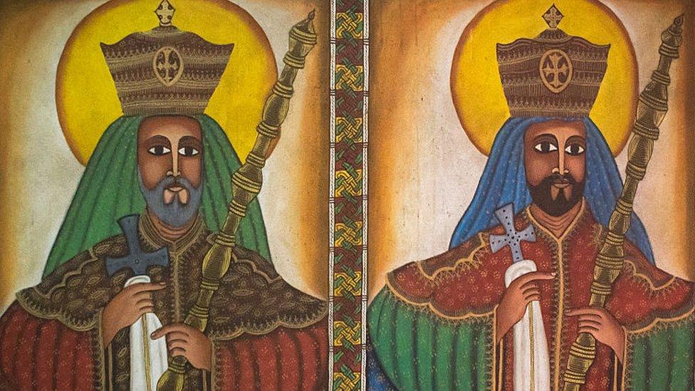 Painting of Ethiopian emperors at a church in Lalibela, Ethiopia