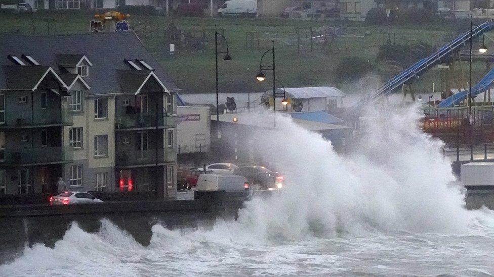 Large waves crash over the promenade in Tramore, Co Waterford.