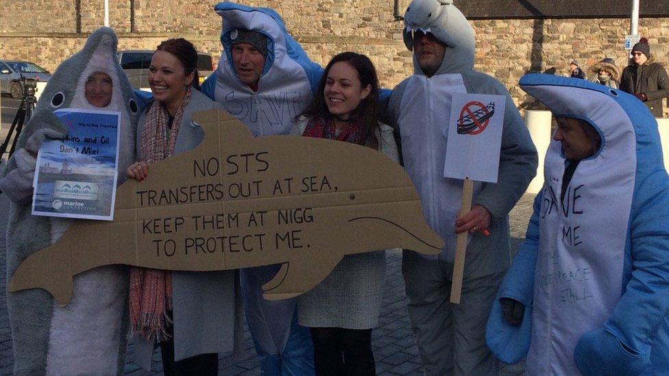 MSPs Gail Ross, left, and Kate Forbes with protestors dressed in animal costumes