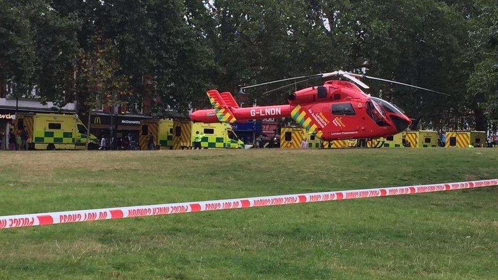 Air Ambulance and ambulance crews waiting near Shepherd's Bush Green