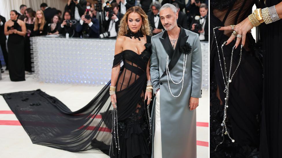 British singer-songwriter Rita Ora and New Zealand director and actor Taika Waititi arrive for the 2023 Met Gala at the Metropolitan Museum of Art on May 1, 2023, in New York