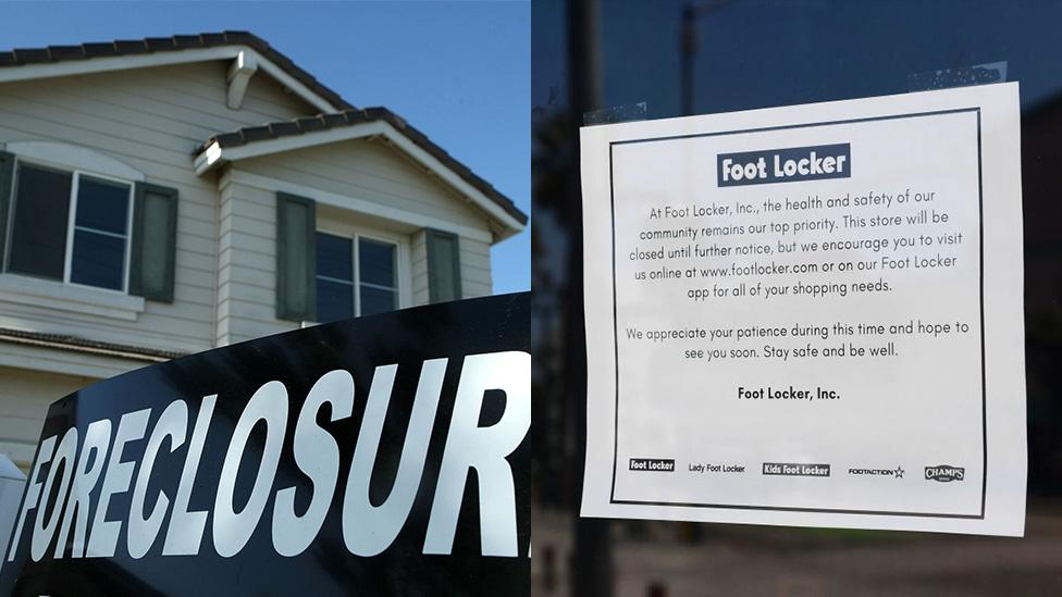 A house up for foreclose in 2008, next to closed for Covid-19 sign in 2020