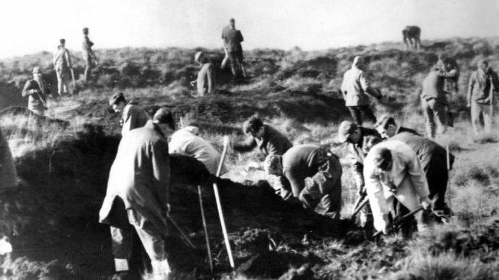 The scene at Saddleworth Moor as police search in 1965