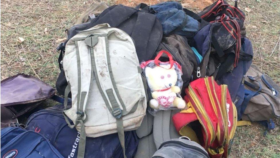 schoolbags of the children in the bus