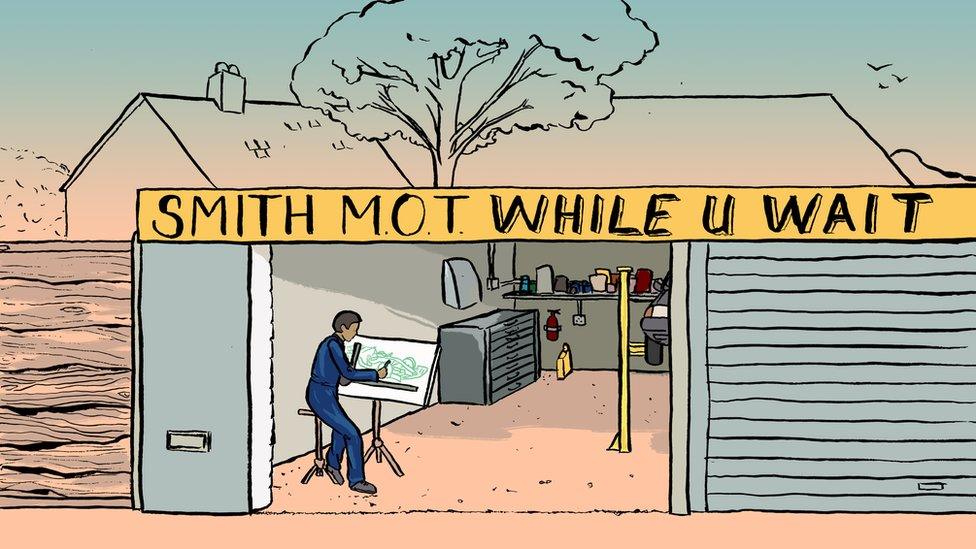 Illustration of a car designer working in a garage. Illustrations by Emma Russell