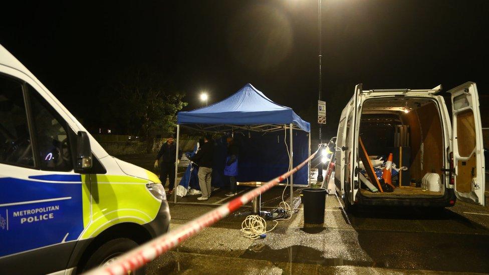 Metropolitan police cordon at The Rope Walk in Sandwich, Kent, after a body found hidden in woodland