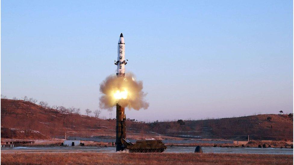 Photo taken on February 12, 2017 and released on February 13 by North Korea's official Korean Central News Agency (KCNA) shows the launch of a surface-to-surface medium long-range ballistic missile Pukguksong-2 at an undisclosed location in North Korea.