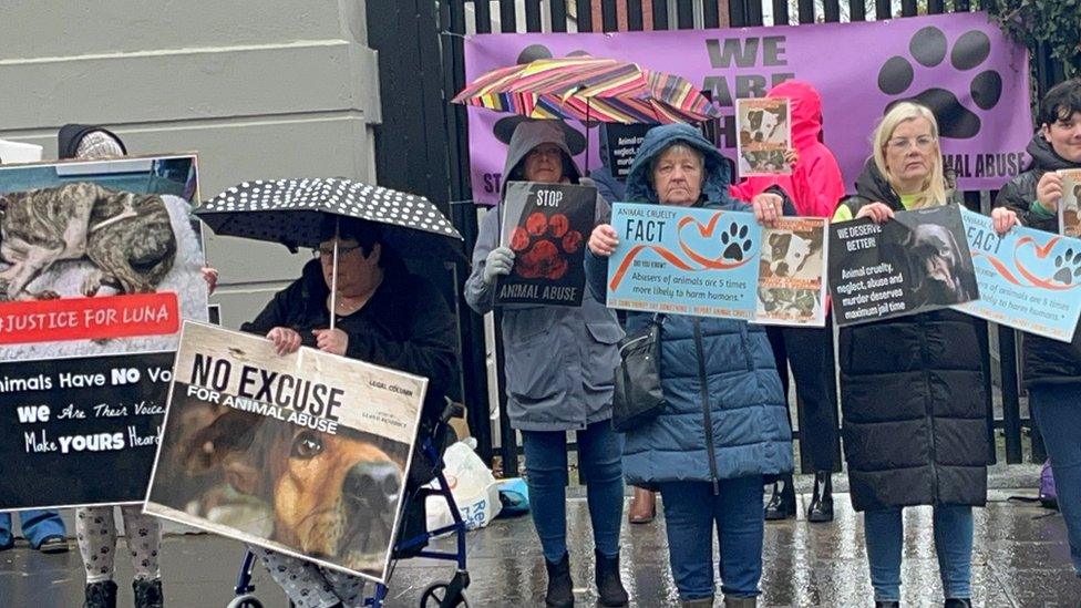 The picture shows animal rights activists protesting outside Bishop Street courthouse