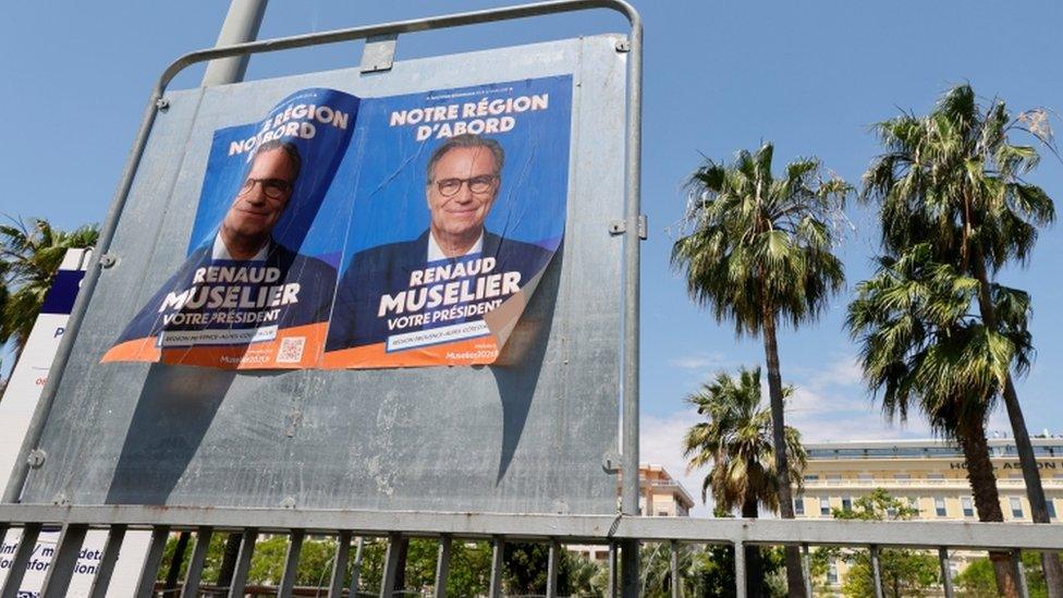 Campaign posters of Renaud Muselier, Les Republicains (LR) conservative party member and president of the regional assembly Provence-Alpes-Cote d'Azur region (PACA