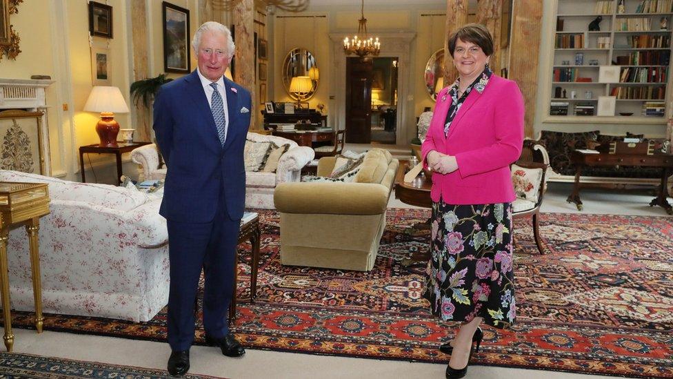 The Prince of Wales meets First Minister Arlene Foster during a visit to Hillsborough Castle, the residence of the Secretary of State for Northern Ireland, May 2021