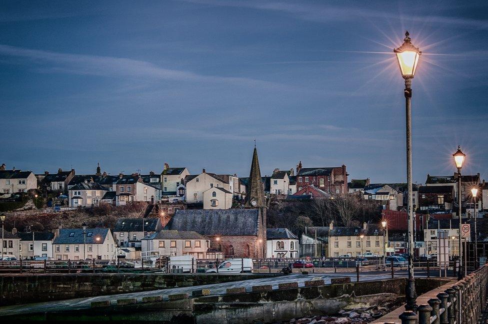 View of the harbour front and buildings in Maryport