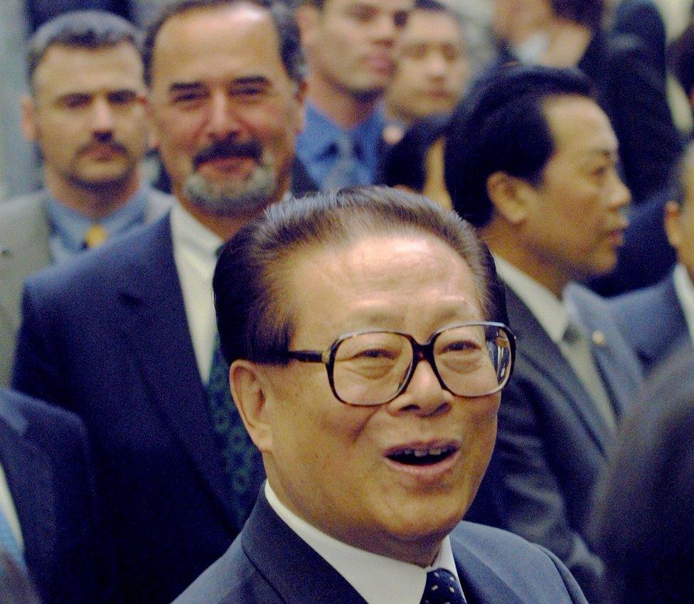 Chinese President Jiang Zemin tours the Volkswagen factory April 12, 2002 in Wolfsburg, Germany. Jiang is on a five-day official visit to Germany to mark 30 years of diplomatic relations between the two countries.