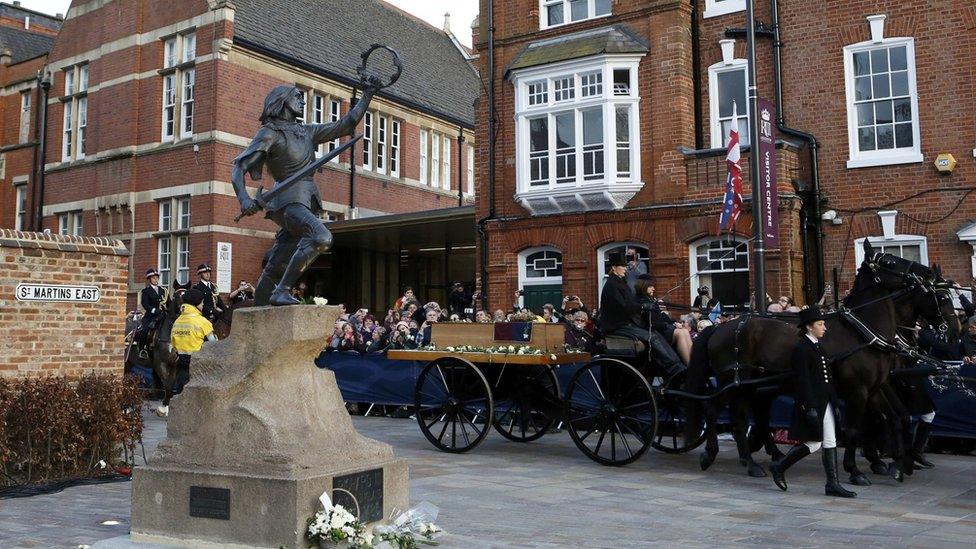 The coffin containing the remains of King Richard III arrives at Leicester Cathedral