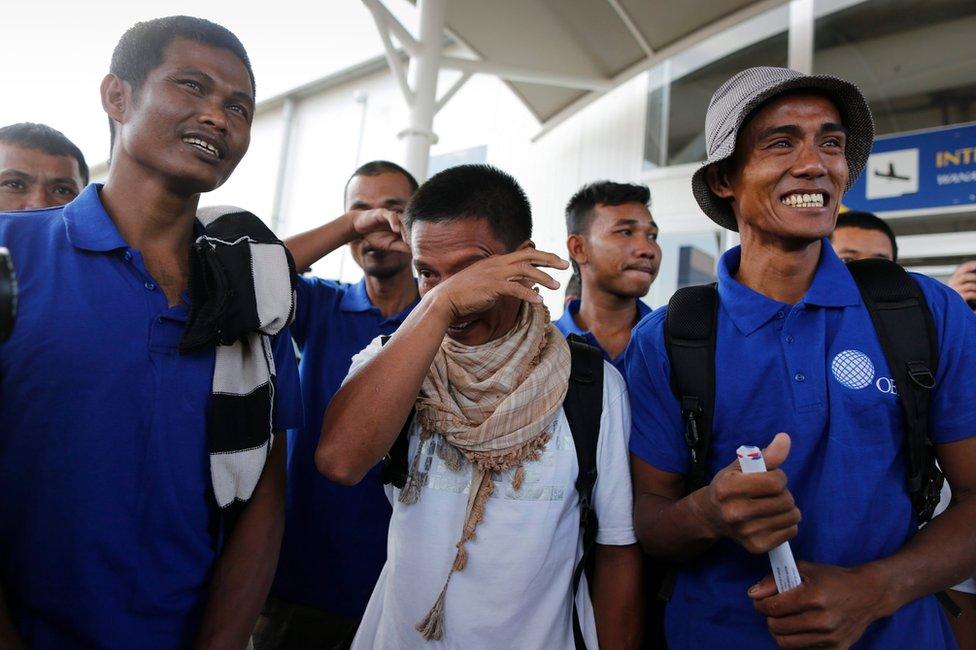 Unidentified sailors react upon their arrival at the Jomo Kenyatta International Airport after they were released by Somali pirates, Nairobi, Kenya, 23 October 2016.