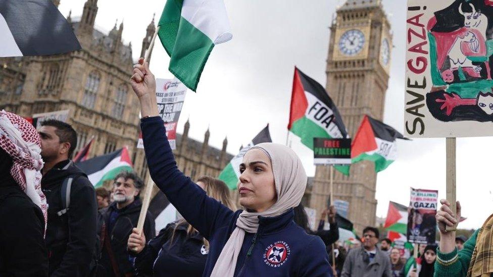 A woman at a Pro-Palestinian protest in London