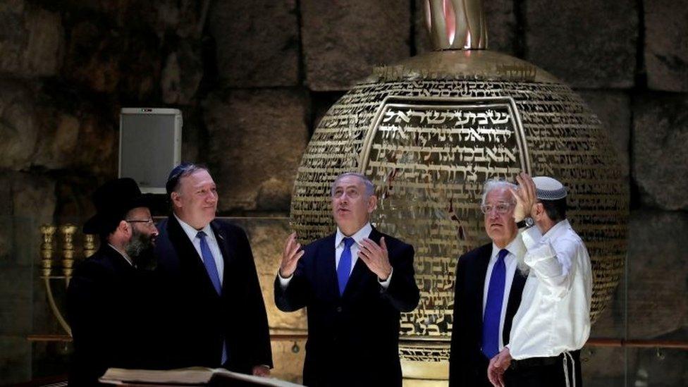 Israeli Prime Minister Benjamin Netanyahu, US Secretary of State Mike Pompeo and US Ambassador to Israel David Friedman visit the Western Wall Tunnels in Jerusalem's Old City on 21 March 2019