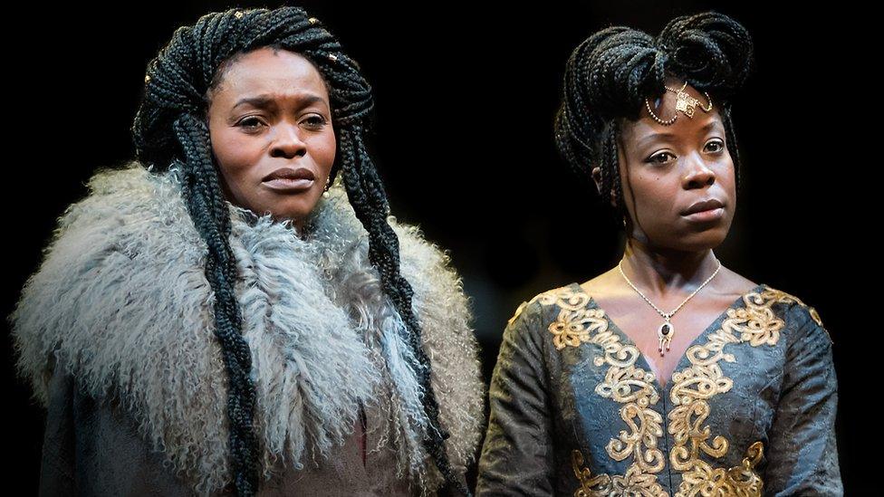 Rakie Ayola as Goneril and Debbie Korley as Regan