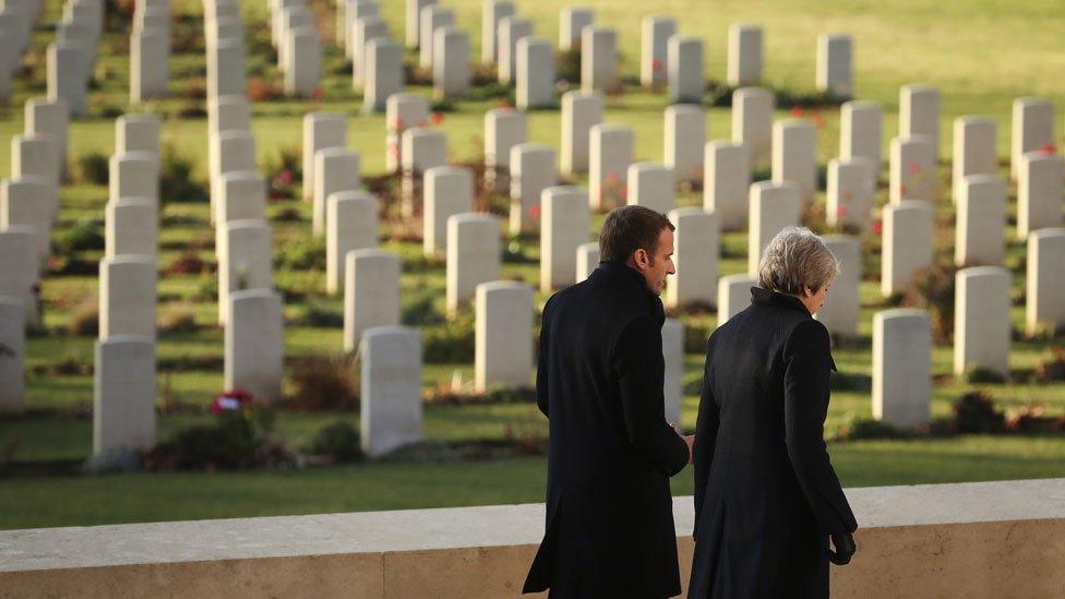 Emmauel Macron and Theresa May at the Thiepval Memorial