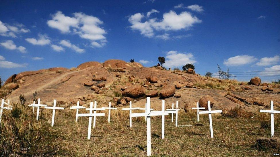 A file picture dated 14 May 2013 of crosses placed in 2012 for the 34 miners killed in the Marikana shooting in Rustenburg, South Africa.