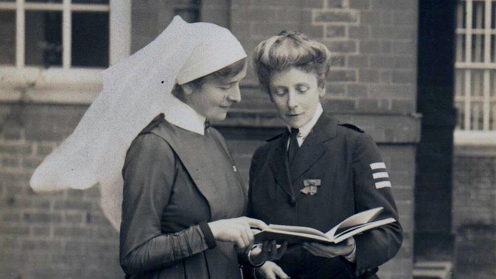 Ethel Locke King (right) in her Red Cross uniform with one of the nurses at Brooklands House