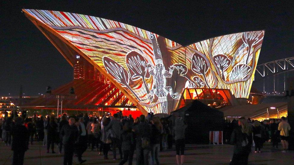 An Aboriginal artwork projected onto the Sydney Opera House sails in 2018