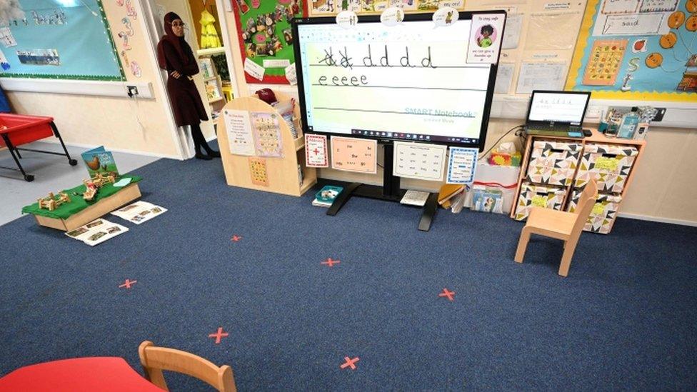 A primary school classroom with marker for social distancing on the floor