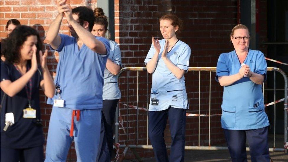 NHS Workers applaud outside Forth Valley Royal Hospital in support of the NHS during the Clap for our Carers campaign,