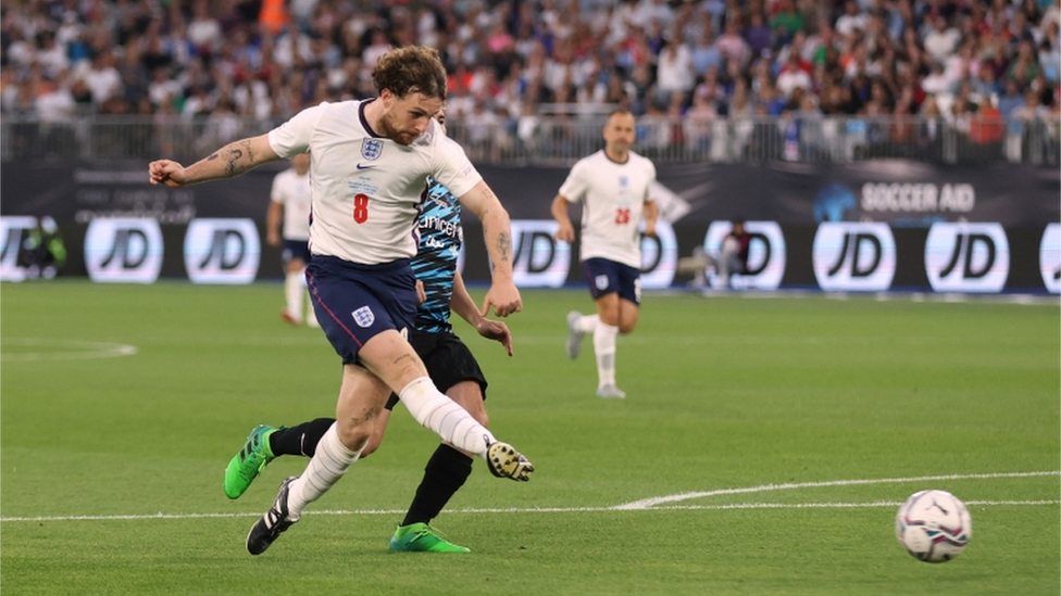 England"s Tom Grennan scores their second goal