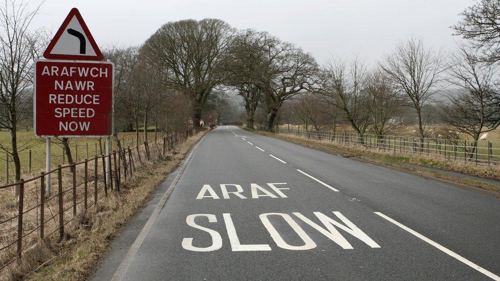 picture of a road with a welsh slow down sign