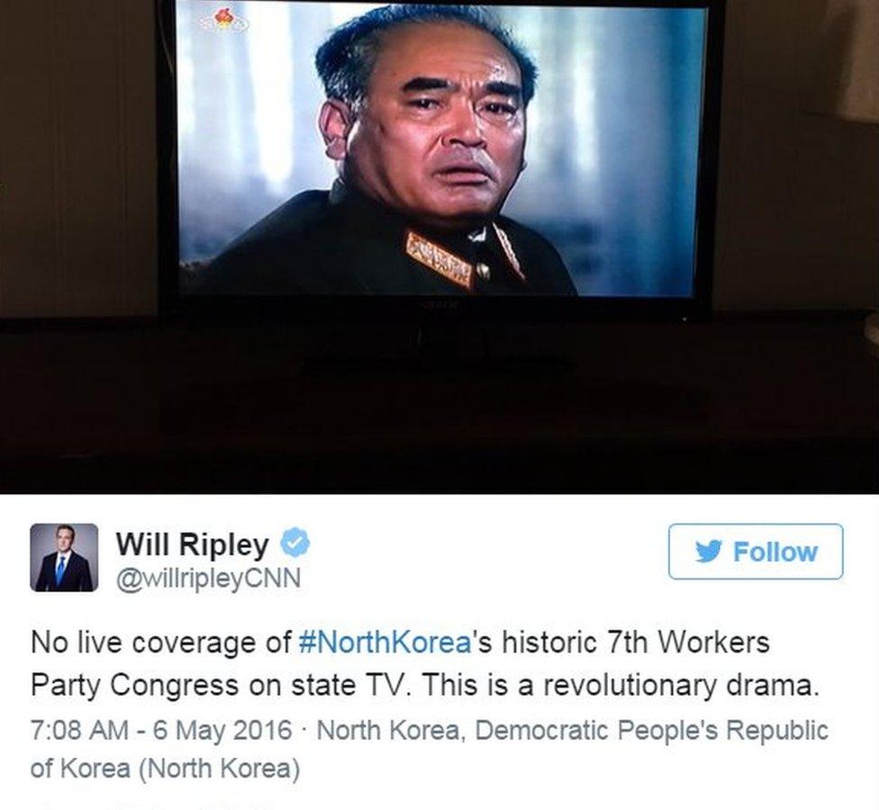 Tweet by CNN correspondent visiting Pyongyang: "No live coverage of North Korea's historic 7th Workers Party Congress on state TV - this is a revolutionary drama'