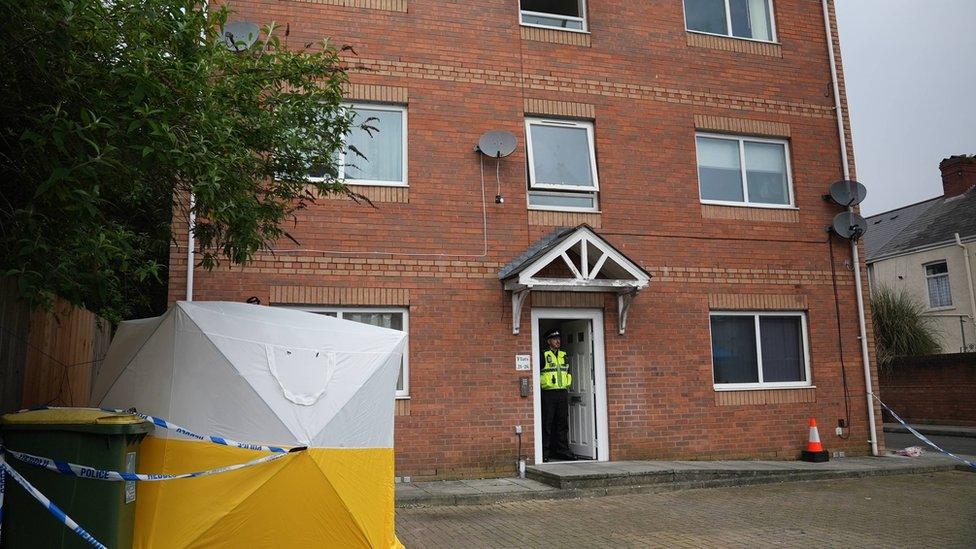 Police tent at Sandalwood Court, Newport