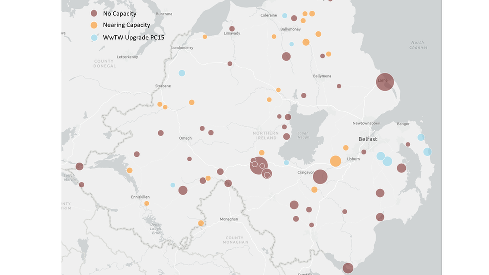 This map shows treatment sites which have no capacity, are nearing capacity and which are being or have been upgraded.